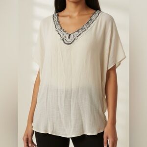 AGB Cream and Black Embroidered Gauze Blouse